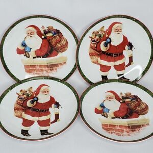 4 222 Fifth Hello Santa Dessert Plates Christmas Holiday Plaid Toys Chimney 6.5"